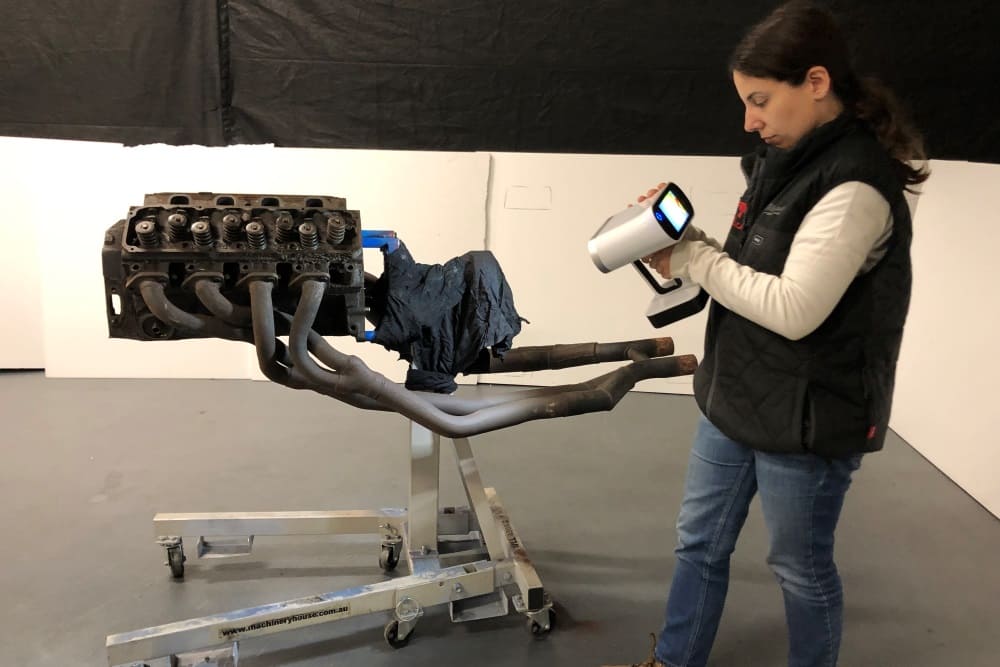 Headers for the engine of a Ford Falcon RPO83 being 3D scanned at Finch Restorations