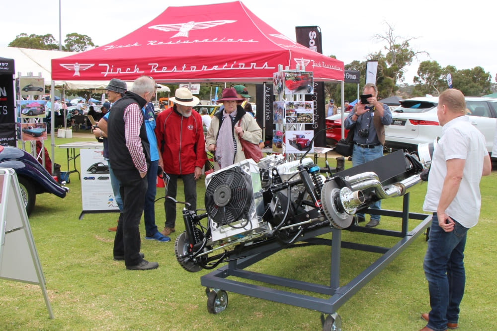 Morgan chassis and engine with the Finch Restorations display at All British Day, Echunga